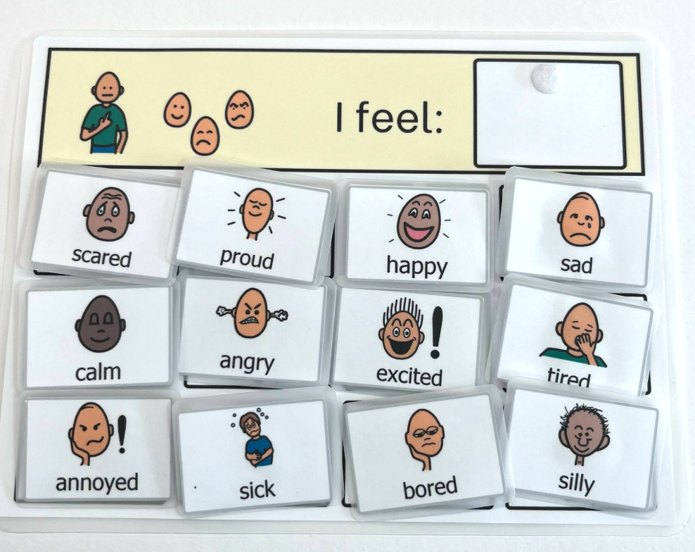 feelings chart with visuals for autistic people disabilities communication PECS boardmaker schedule Aided language display 